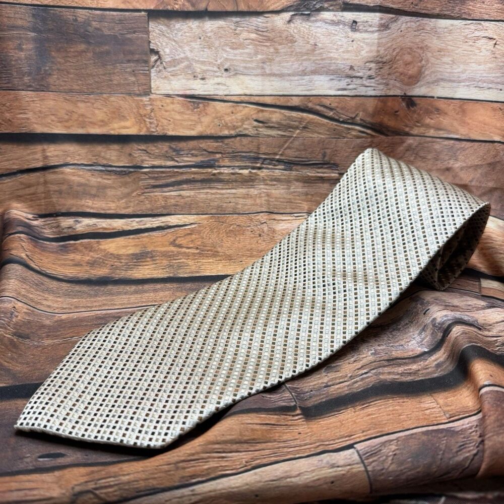 Foggia Mens Tie 100% Silk Handmade Geometric Checkered Squares Beige Gold 3.75"